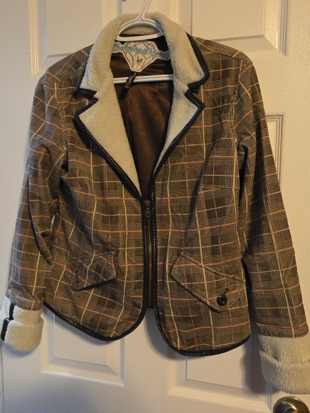 4/$67 Deal! Gentle Fawn Brown Plaid Sherpa-Trim Bomber Jacket